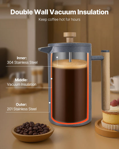 VEVOR French Press Coffee Maker, 34 Ounce 1 Liter Stainless Steel Coffee Press Tea Maker with Filter, Large Double Wall Insulated French Presses Cold Brew for Camping Travel Home Kitchen, Black