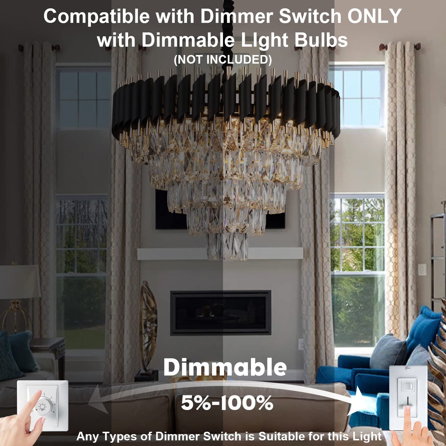 AXILIXI Crystal Chandelier Contemporary, 24" Modern Living Room Chandeliers, K9 Crystal Ceiling Lights Fixtures, Round 5 Tiers Pendant Lighting Chandelier Black for Entryway Dining Room Staircase