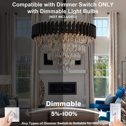 AXILIXI Crystal Chandelier Contemporary, 24" Modern Living Room Chandeliers, K9 Crystal Ceiling Lights Fixtures, Round 5 Tiers Pendant Lighting Chandelier Black for Entryway Dining Room Staircase