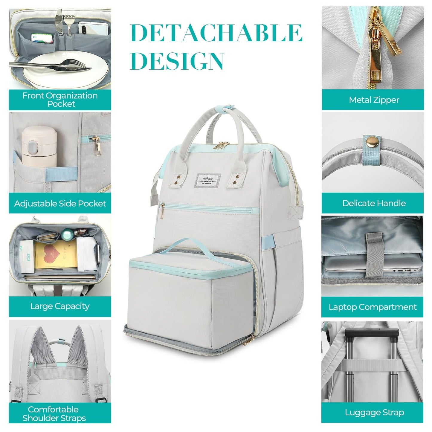 ETRONIK Lunch Backpack, 15.6 Inch Laptop Backpack, Stylish Nurse Teacher Work Bag with Insulated Cooler Lunch Box for Women Men, College Backpack for Travel, Grey Blue