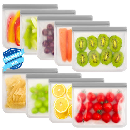 FUNFERY 10 Pack Silicone,Reusable Freezer Bags with Zipper,Leakproof Reusable Silicone Food Storage Bag for Meat,Lunch,Travel-3 Gallon,3 Snack 4 Sandwich Bags