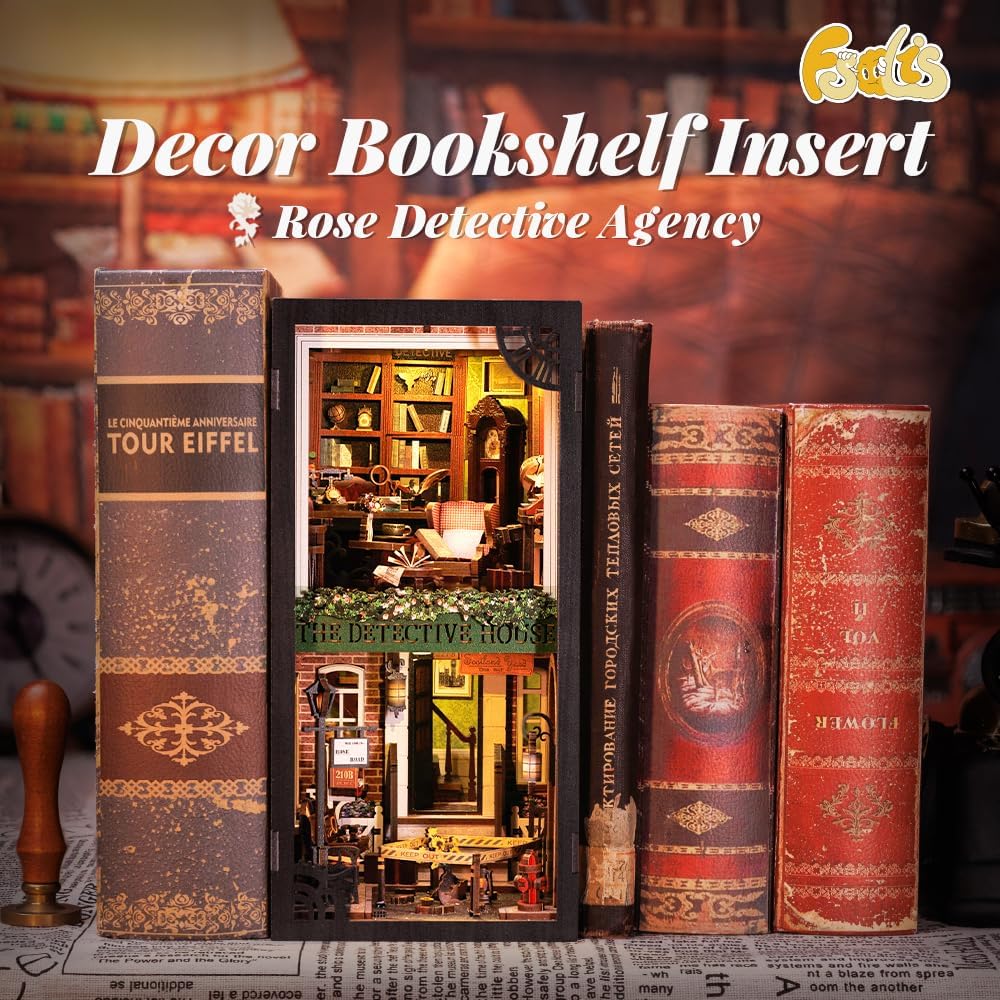 Fsolis Book Nook Kit, 3D Wooden Puzzle for Adult DIY Miniature Kit Decorative Bookend Bookshelf Bookcase Decor Gifts for Women Readers Book Lovers(Rose Detective Agency)