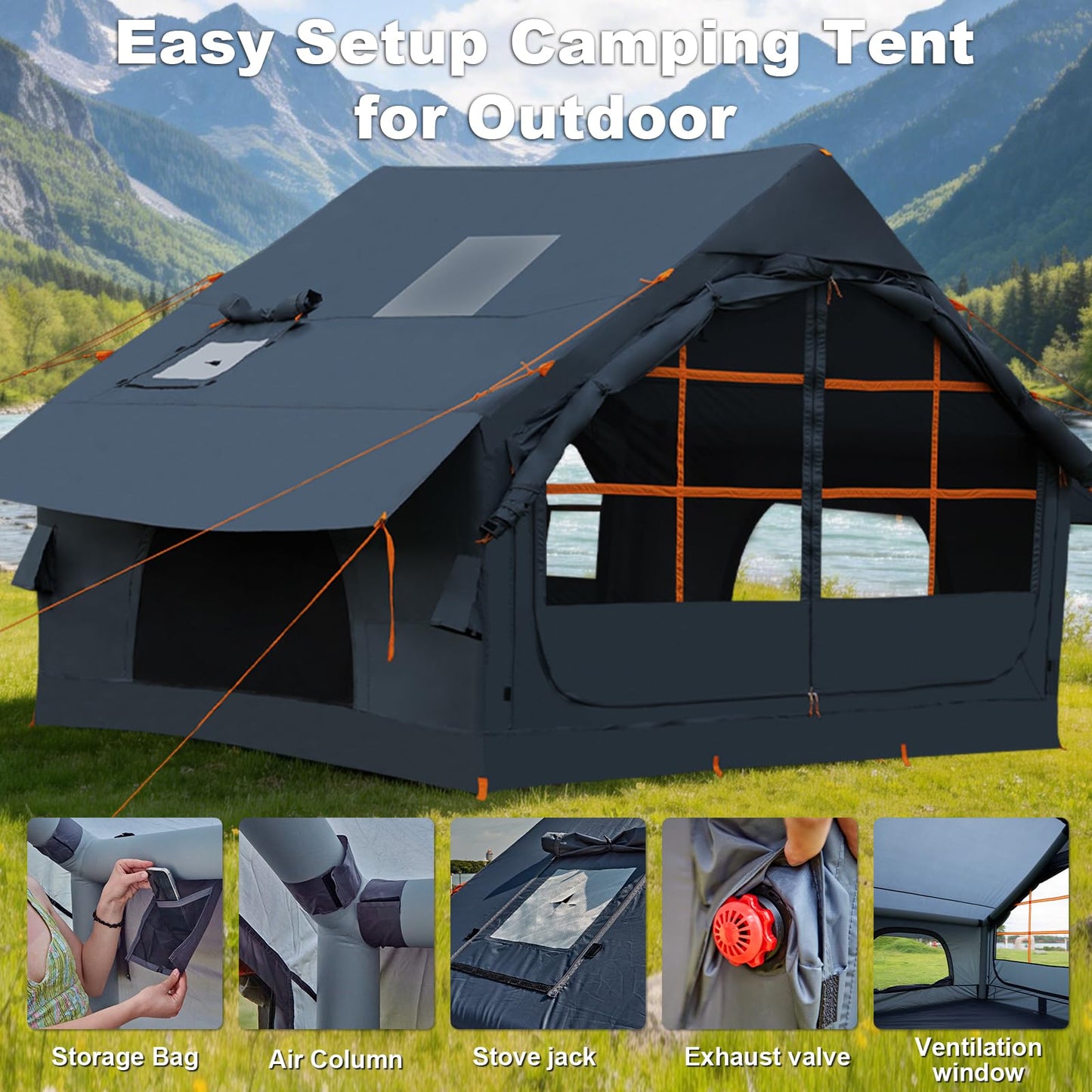 4-6 Person Inflatable Tent for Camping with Stove Jack, Hand Air Pump Easy Setup Blow Up Tents for 4 Seasons Waterproof Inflatable Air House Tent for Outdoor Adult
