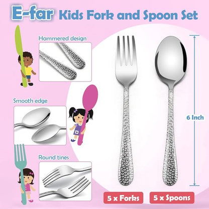 E-far Toddler Forks and Spoons Set - 10-Piece Stainless Steel Utensils for Safe Self-Feeding | Non-Toxic & Dishwasher Safe