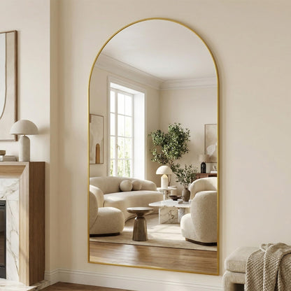 Suidia 76"x44" Arched Full Length Mirror with Stand, Full Body Mirror with Aluminum Frame, Freestanding/Leaning/Wall-Mounted, Floor Mirrors for Bedroom, Living Room, Entryway, Dressing Room, Gold