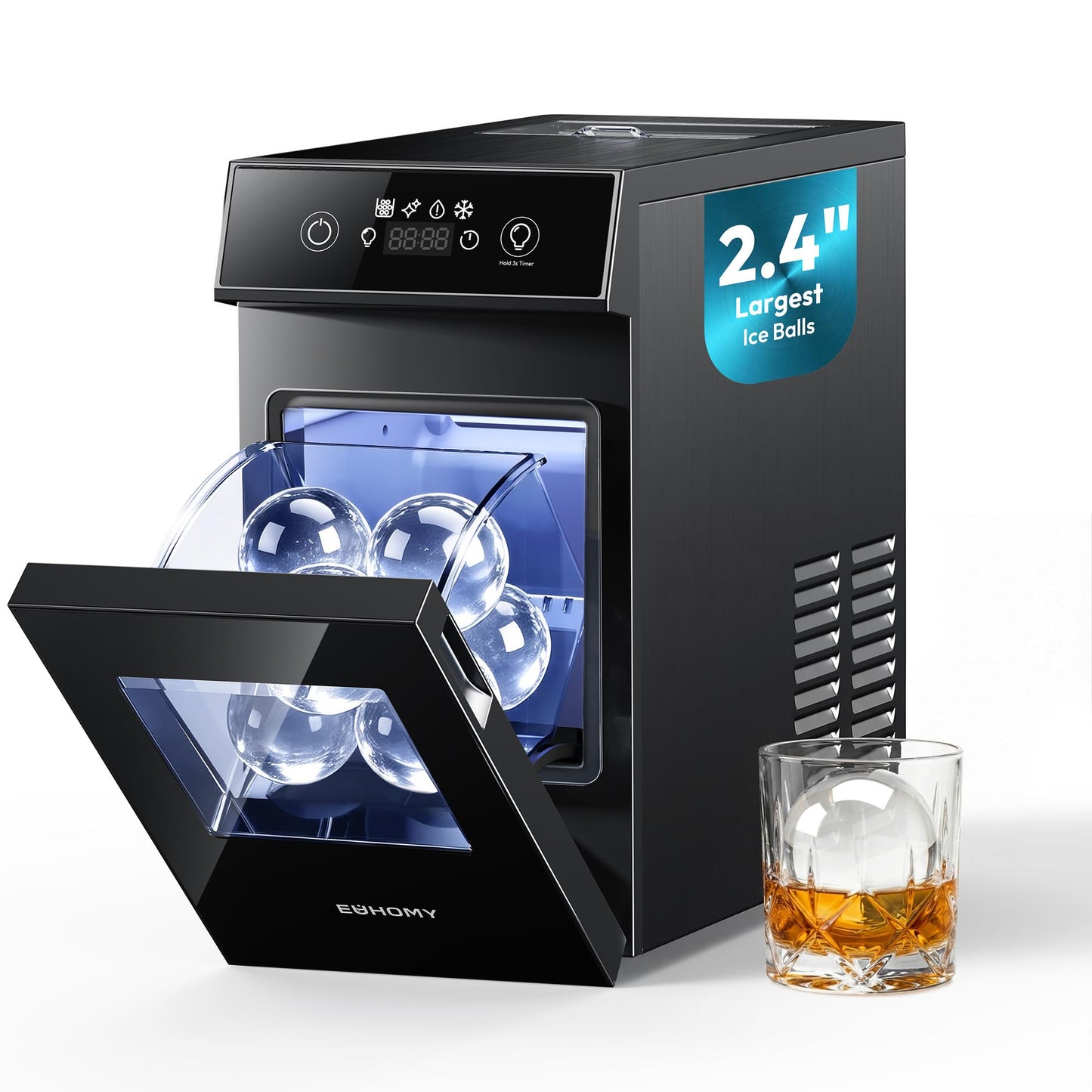 EUHOMY 2.4" Ice Ball Maker Countertop, 2Pcs Ready in 60Mins, 48Pcs/Day, 8H Timer, Self-Cleaning Sphere Ice Maker Machine with Crystal Clear Ice, Round Ice Cube Maker for Whiskey & Bourbon