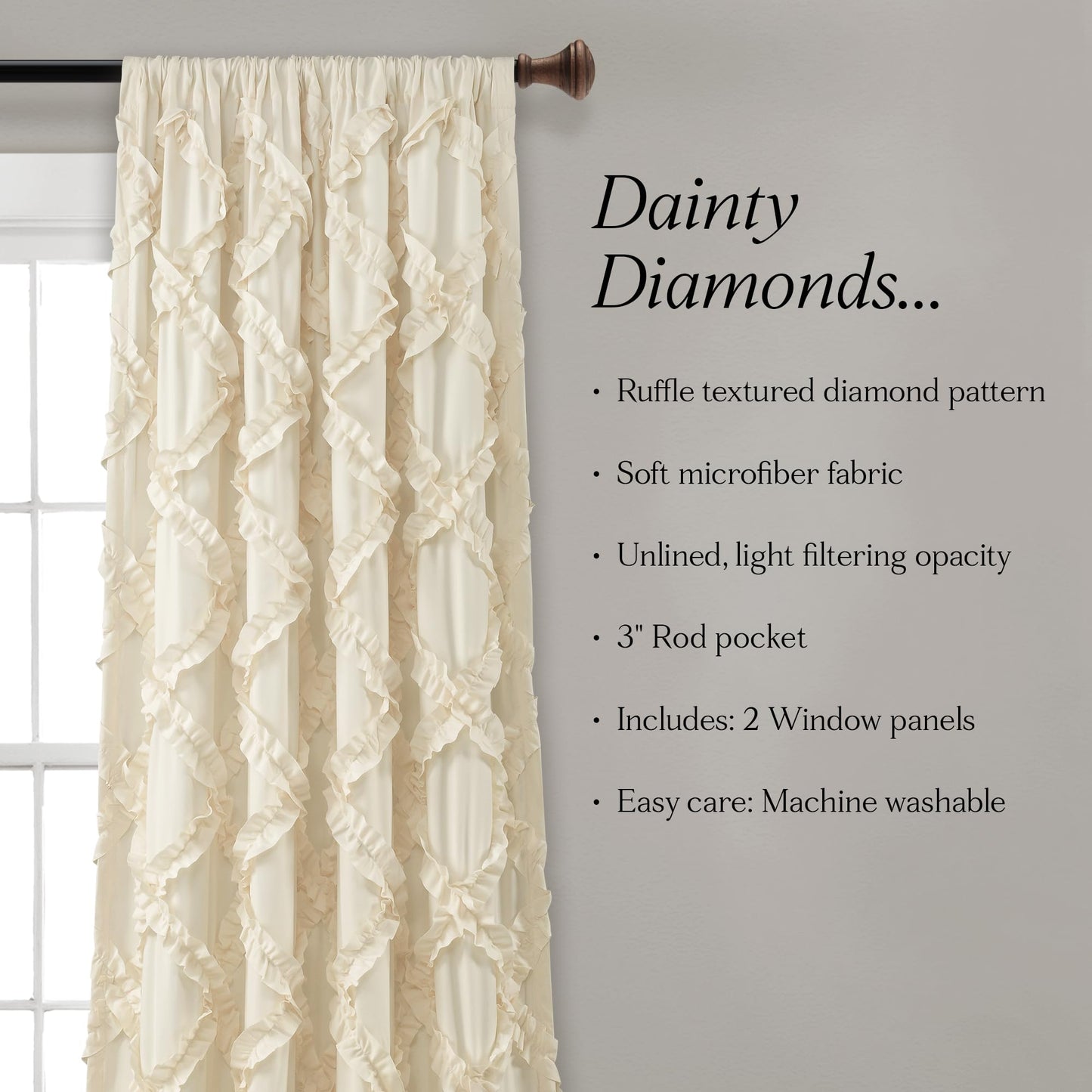 Lush Decor, Ivory Ruffle Diamond Curtains Textured Window Panel Set for Living, Dining Room, Bedroom (Pair), 84” x 54, 2 Count