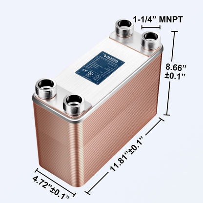 ALECOIL 5"x12" 80 Plates Heat Exchanger with 1-1/4" MPT Port Water to Water 316L Stainless Steel Brazed Plate Heat Exchanger for Water Heating, Floor Heating, Commercial and Industrial Refrigeration