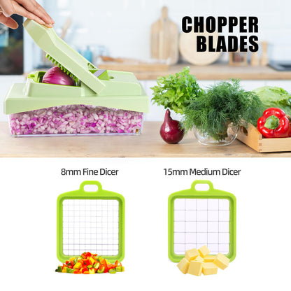 RüK 10-in-1 Vegetable Chopper – 6 Blade Veggie Chopper with Container, Food Dicer, Onion Cutter, Cheese Grater, Mandoline Slicer, Kitchen Gadgets & Home Essentials (Green)