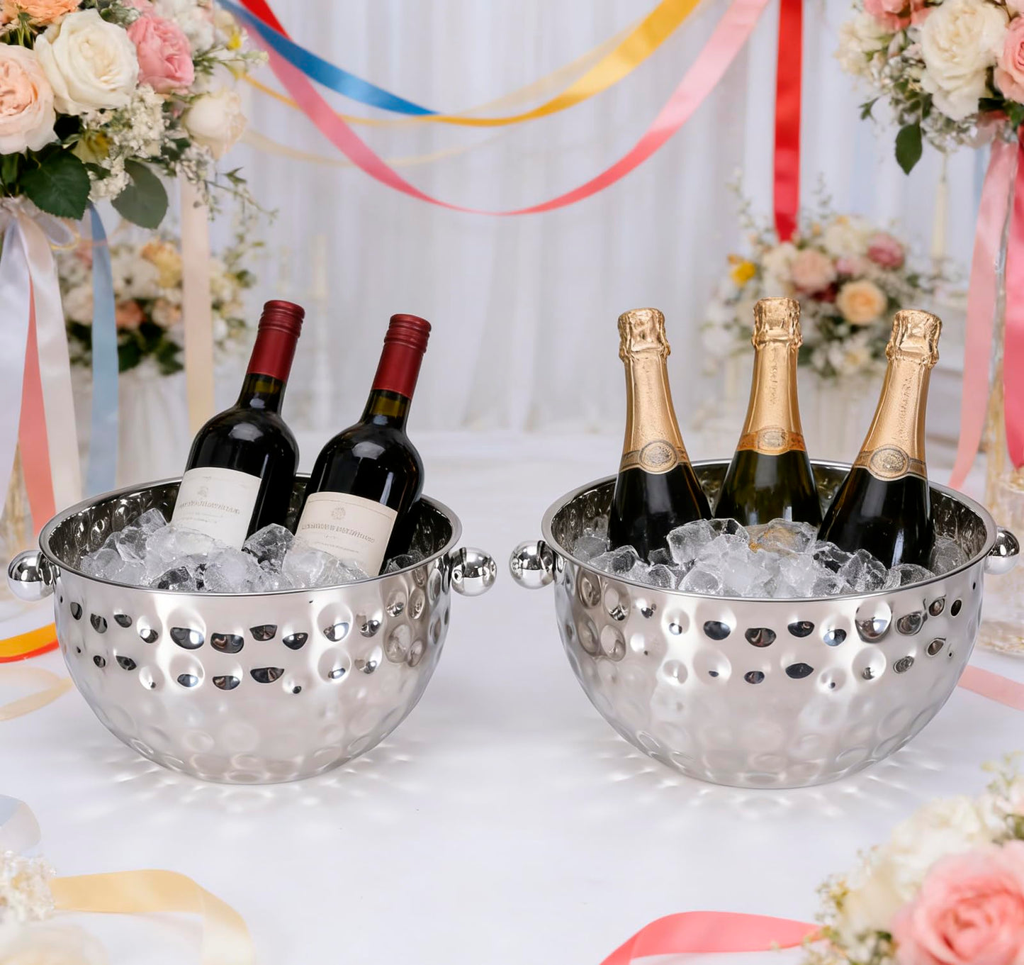 2 Set Ice Bucket for Freezer,Circle Stainless Steel Ice Cube Bin with Scoop＆Handle,Large Capacity Ice Container Champagne Bucket Carry Drink Storage Cooler,Halloween Ice Buckets for Partie