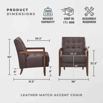 Lexicon Modern Accent Chair, Luxury Genuine Leather Match Living Room Chair with Tufted Cushions, Solid Wood Frame and Arm Rest, Comfy Upholstered Single Seat for Bedroom/Reading/Office, Dark Brown