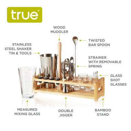 True 20-Piece Cocktail Shaker Bar Set with Wooden Stand Includes Boston Shaker, Mixing Glass, Muddler, Jigger, Strainer, Bartender Kit for Mixed Drinks, Cold Brew Cocktails, Home Bar Tools