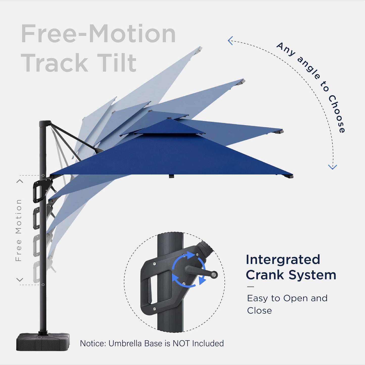 Deconk 10x10 FT Cantilever Patio Umbrella with Led Lights Double Top Outdoor Square Heavy Duty Offset Umbrellas 360°Rotation Free-motion Track Tilt Windproof for Pool Deck Garden, Navy