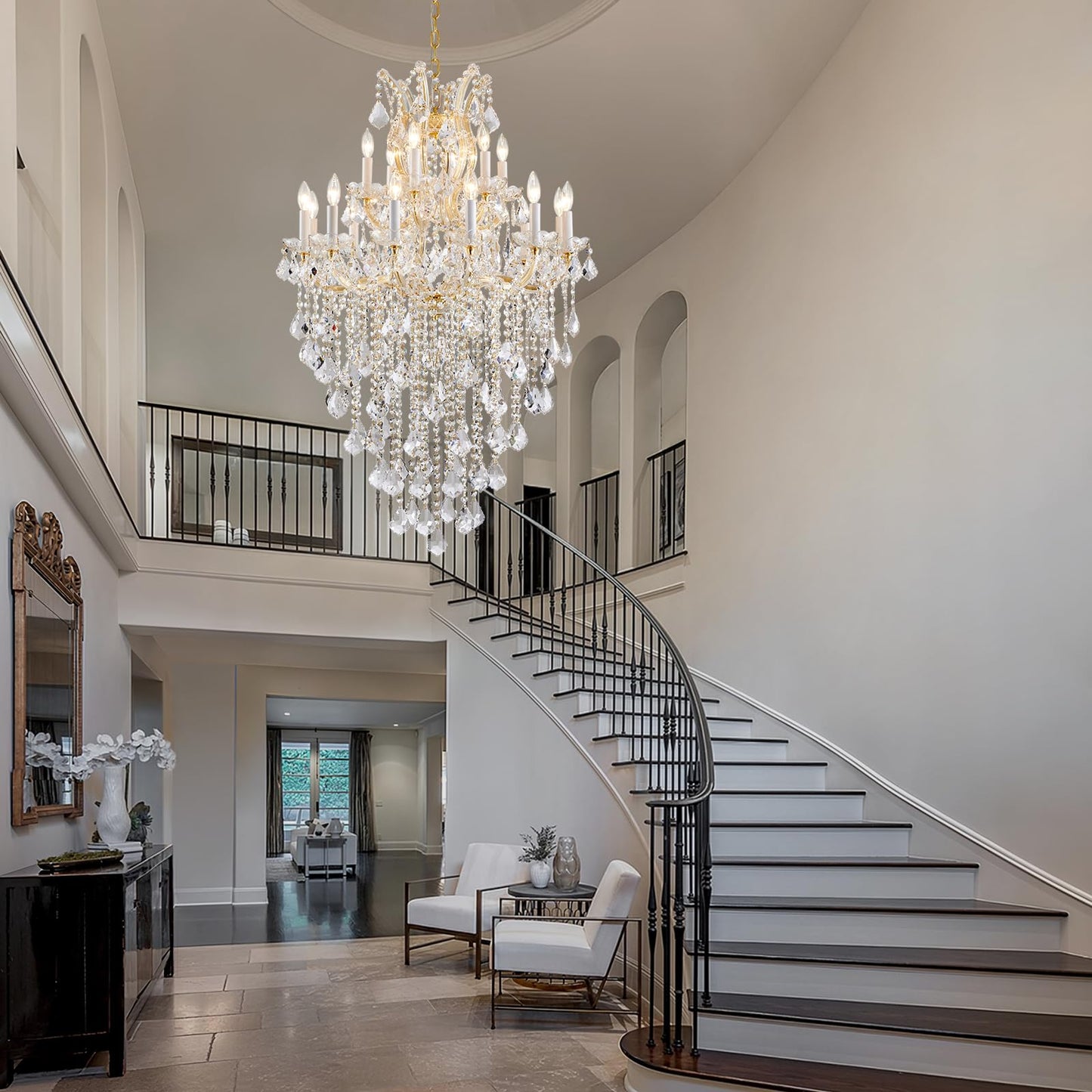 DUNFIZZ Large Modern Gold Crystal Chandeliers 18-Light Foyer Chandelier for High Ceiling Maria Theresa Crystal Chandelier Light Fixture for Living Room Staircase Entryway Hallway, H45 x W31
