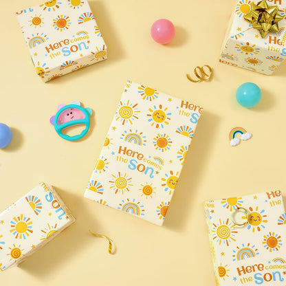 WERNNSAI Baby Sun Wrapping Paper - 6 Sheets 19.7” x 27.5” Baby Shower Wrapping Paper Boy Yellow Sunflower Paper Boho Design for 1st Birthday Gift Wrap Supply