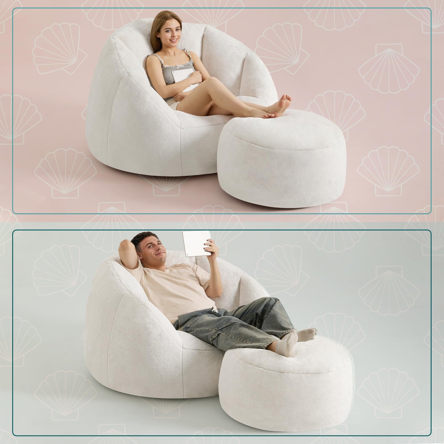 GRANDJOY Oversized Bean Bag Chair with Ottoman, Premium Foam Filling, Relaxing Lounger for Adults & Kids, Beige