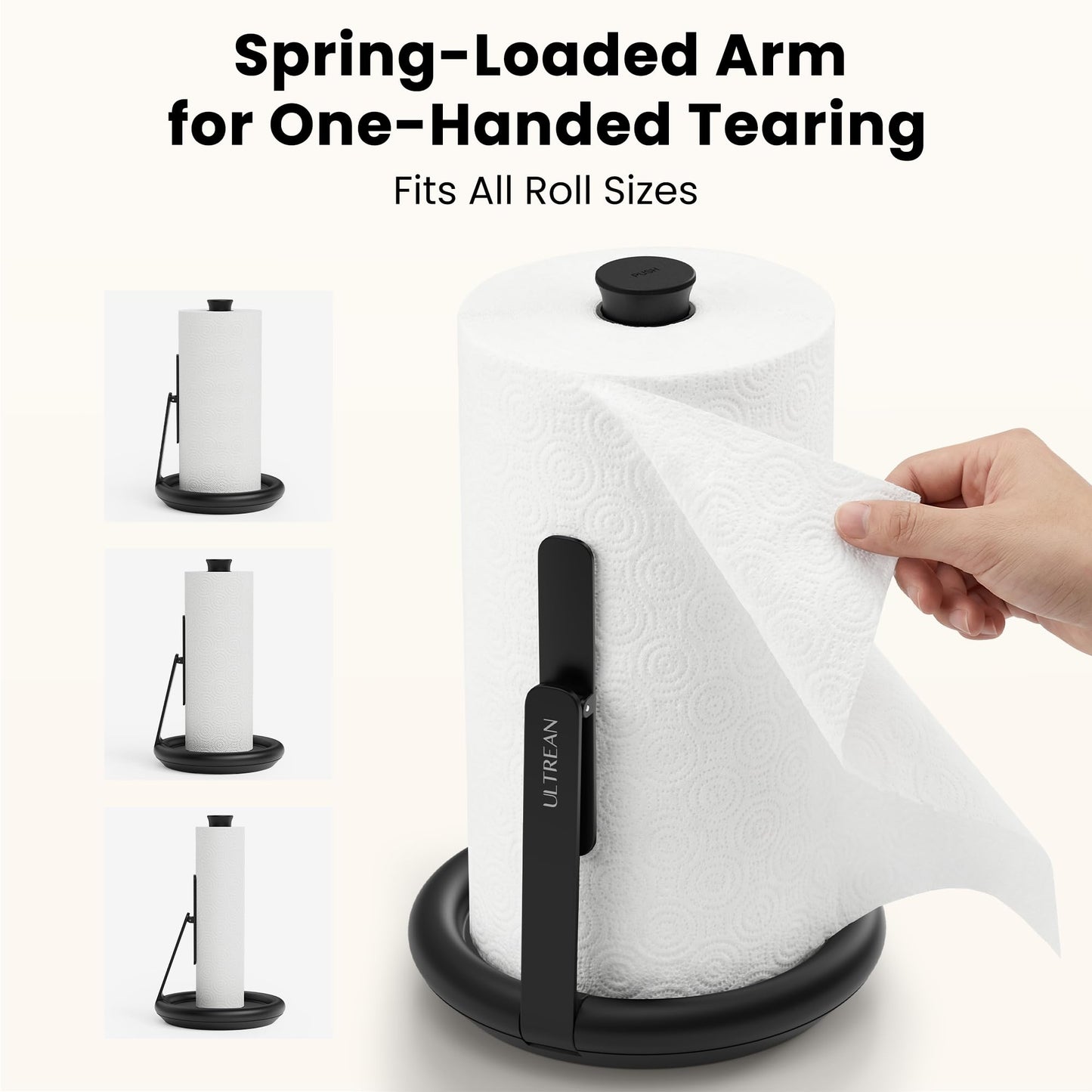 Ultrean Paper Towel Holder with Spray Bottle, Countertop Freestanding Paper Towel Dispenser with Spring-Loaded Tension Arm for One-Handed Tear, Weighted Base, Stainless Steel for Kitchen, Black