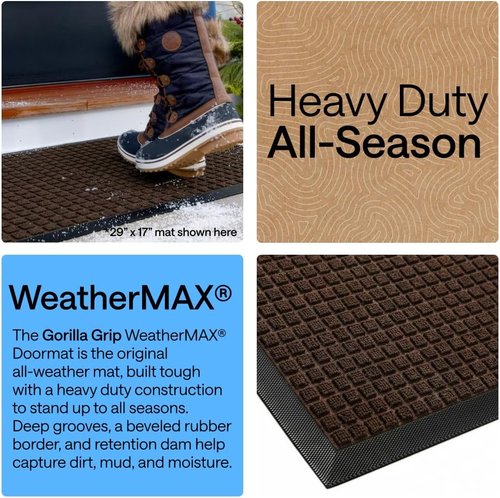 GORILLA GRIP Waterproof All-Season WeatherMAX Doormat - Natural Rubber, Stain & Fade Resistant, 29x17, Coffee Square