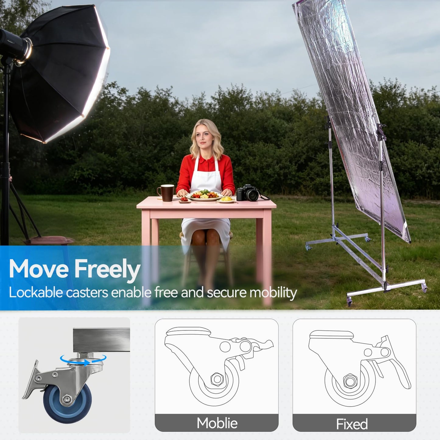 WELLMAKING 79x59 inch Professional Photography Light Diffuser Screen - 360° Rotatable Frame, Quick Setup, Adjustable Stand with Casters for Studio Portrait Video Shooting, White, Silver, Black