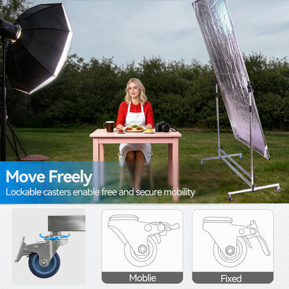 WELLMAKING 79x59 inch Professional Photography Light Diffuser Screen - 360° Rotatable Frame, Quick Setup, Adjustable Stand with Casters for Studio Portrait Video Shooting, White, Silver, Black
