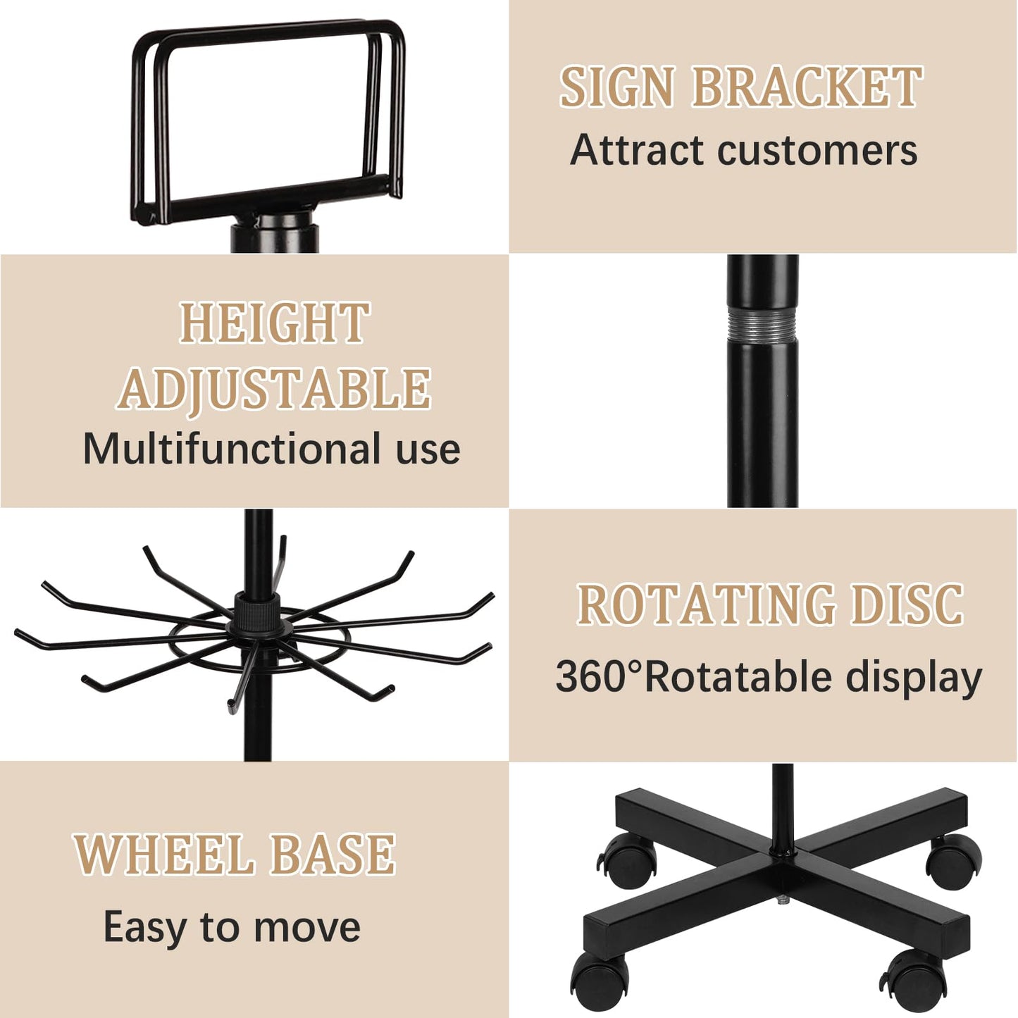 Exttlliy 5-Tier Metal Spinning Display Stand Rack with Wheels, Black Iron, 50 Hooks, Lockable Wheels, Ideal for Jewelry, Accessories, Foods