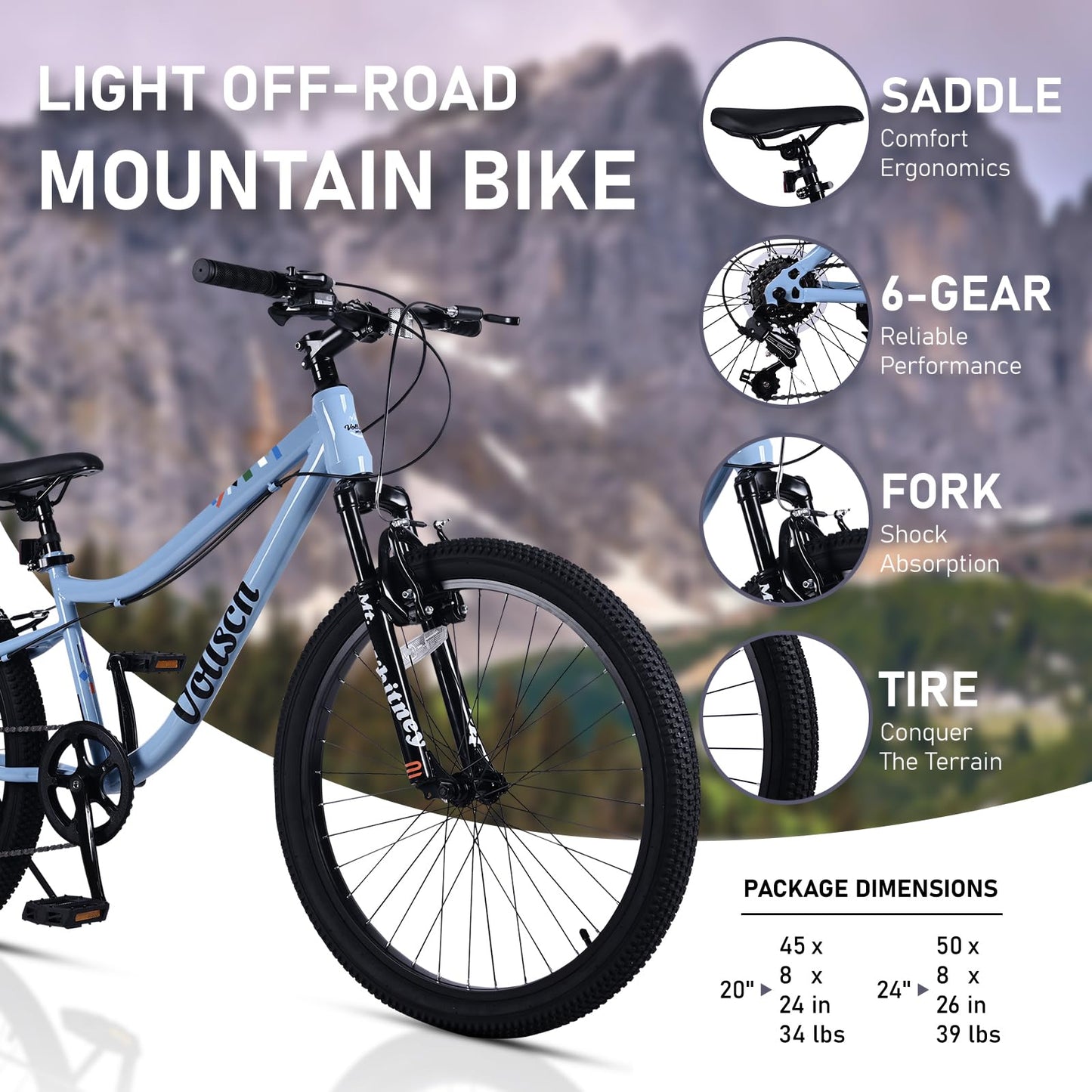 vollsch 24 Inch Kids Mountain Bike for 9-15 Years Old Boys Girls Teens 6-Speed Child MTB Bicycle with Front Suspension Fork, Slate Grey