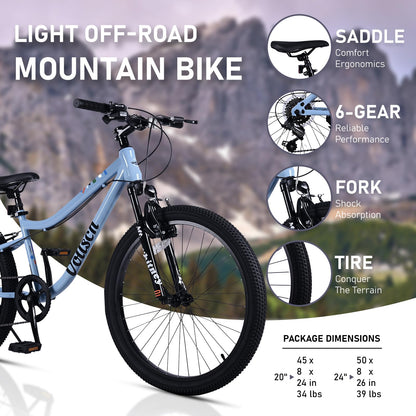 vollsch 24 Inch Kids Mountain Bike for 9-15 Years Old Boys Girls Teens 6-Speed Child MTB Bicycle with Front Suspension Fork, Slate Grey