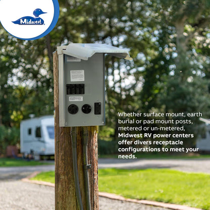 MIDWEST U075CTL010 • Weatherproof RV Power Centre • 100A Twin Lugs • Unmetered N3R Power Supply • Surface Mounted • 10kAIC • 50A/30A/20A breakers with 14-50RWR • TT-30RWR • 5-20R2GFCIWR Receptacles