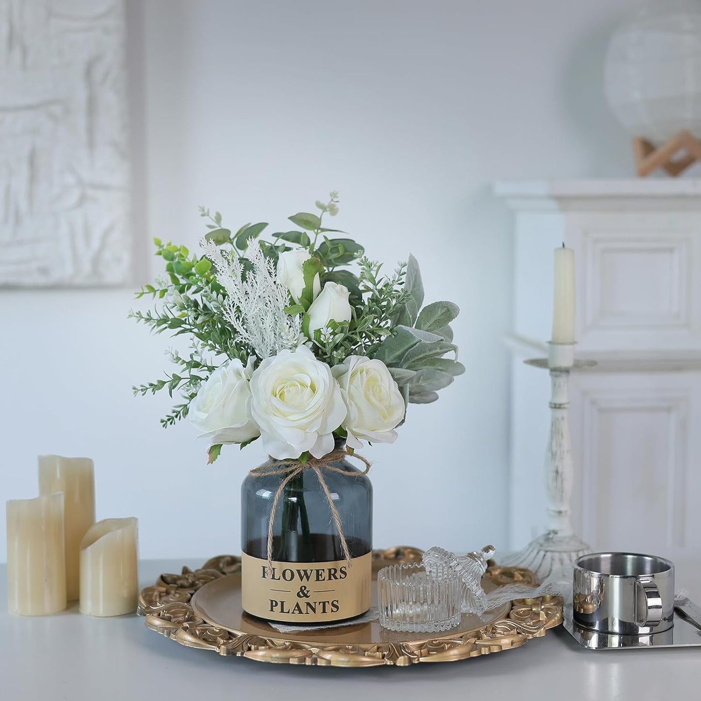 YXZZWL Artificial Flowers with Vase, Faux Silk Roses and Eucalyptus Centerpiece for Home Decor (White)