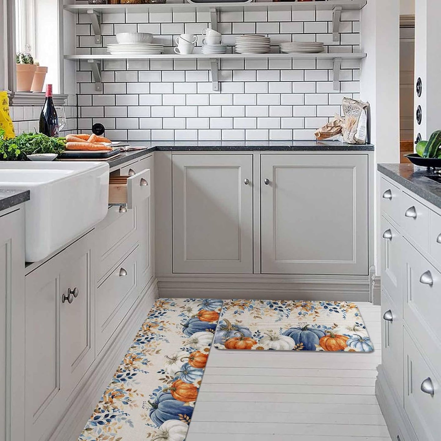 Blue Pumpkins Fall Kitchen Rugs and Mats Set, Thanksgiving Non-Slip Bathroom Rug with Eucalyptus Leaves Botanical