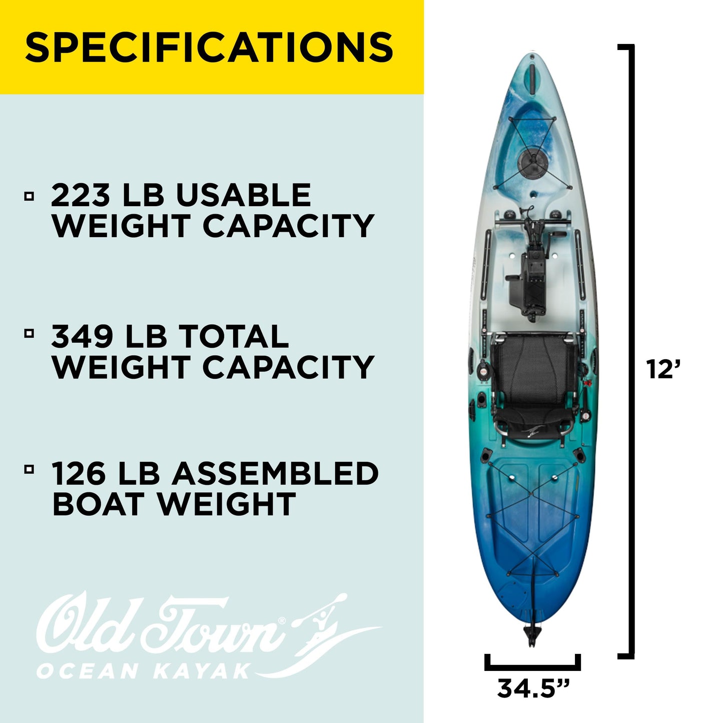 Old Town Ocean Kayak Malibu ePDL+ 120 Solo Sit-on-Top Recreational Pedal & Cruise Control Kayak, 12 ft, Horizon