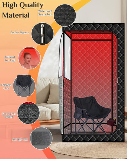Smartmak Portable Sauna with Infrared 660nm Red Light Therapy Lamp for Home Relaxation, Personal Large Full Body Sauna Spa Tent, 1500W High Power Hot Air Saunas, Folding Chair Indoor Use, 130–150°F