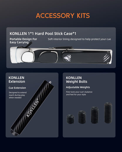 KONLLEN 2.0 Pool Cue Complete Set with Case & Extras | Carbon Fiber Pool Cue with Professional Taper | Low Deflection Shaft for Adults & League Players
