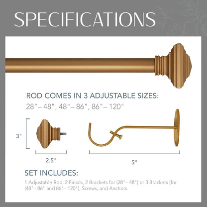 Elrene Home Fashions Florence Single Curtain Rod with Stacked Square Finials, 1" Diameter, Soft Gold, 28X48