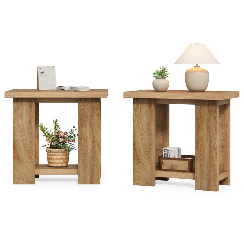 LITTLE TREE 2-Tier Side Table, Farmhouse End Table with Storage Shelves, Small Nightstand Wooden Beside Table Bed Side Table for Small Spaces, Living Room, Bedroom, Light Brown