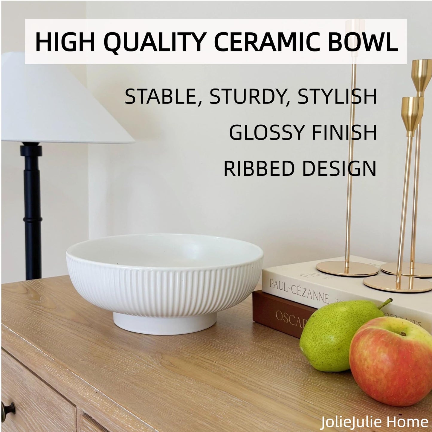 JolieJulie Ceramic Fruit Bowl,10.5" Decorative Bowl, White Fruit Bowl for Kitchen Counter, Purse Bowl, Key Bowl, Kitchen Island Décor, Centerpiece for Dining Table (Cream White)