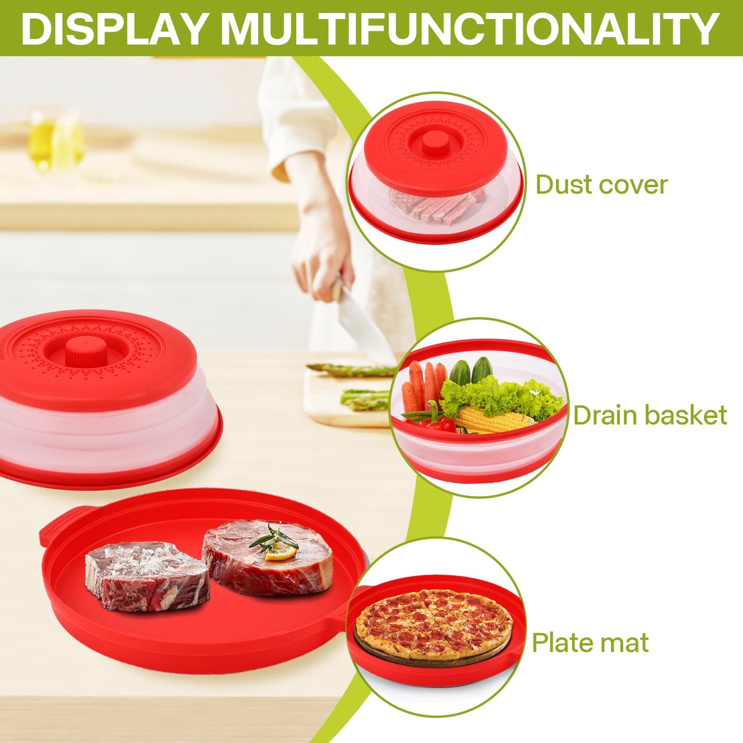 Microwave Splatter Cover for Food with Anti-scald Base Plate,Large Plastic & Silicone Vented Avoid Scalding Collapsible Guard Lid, Plate Holder & Kitchen Colander for Meal Prep-10.7 Inch (2 Pcs BRed)