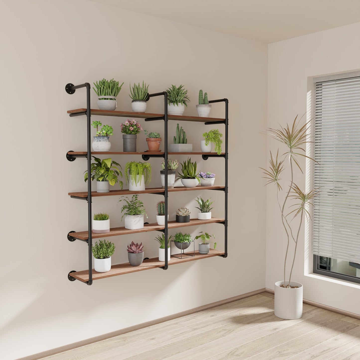 ONOTETUT Industrial Pipe Shelf 5 Tier,60 inch Industrial Wall Shelves with Solid Wood Plank,Pipe Shelving Wall Mounted for Farmhouse,Floating Pipe Book Shelves for Kitchen and Bar Shelving