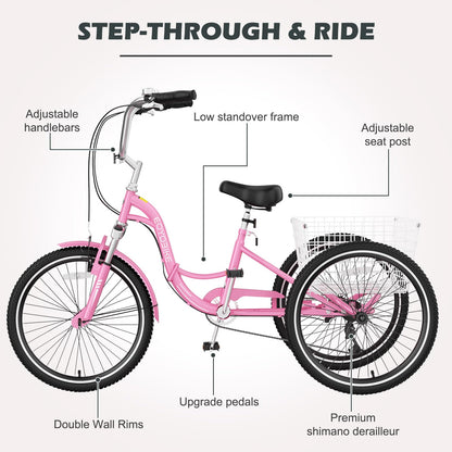 H&ZT Adult Tricycle, 3 Wheeled Bike, Trike Cruiser Bike, with 7-Speed Gear, Parking Brake Handle, Low Step, Large Rear Basket, Elderly Friendly, for Men, Women, and Teens