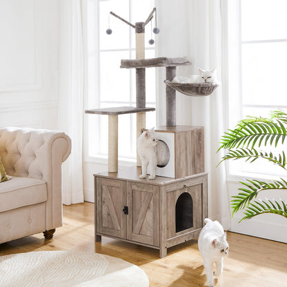 HOOBRO Cat Tree with Litter Box Enclosure Indoor, Wooden Cat Tower with Scratching Posts, Litter Box Furniture Hidden, All-in-One Cat House, Greige BG15MZ03-BG51MZ03