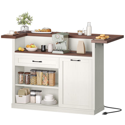 Homiflex Kitchen Island with Seating, Rolling Kitchen Islands with Storage, 55" W Large Island Table, Breakfast Bar Counter with Drop Leaf, Trash Can Cabinet, Power Outlet for Dining Room, Walnut
