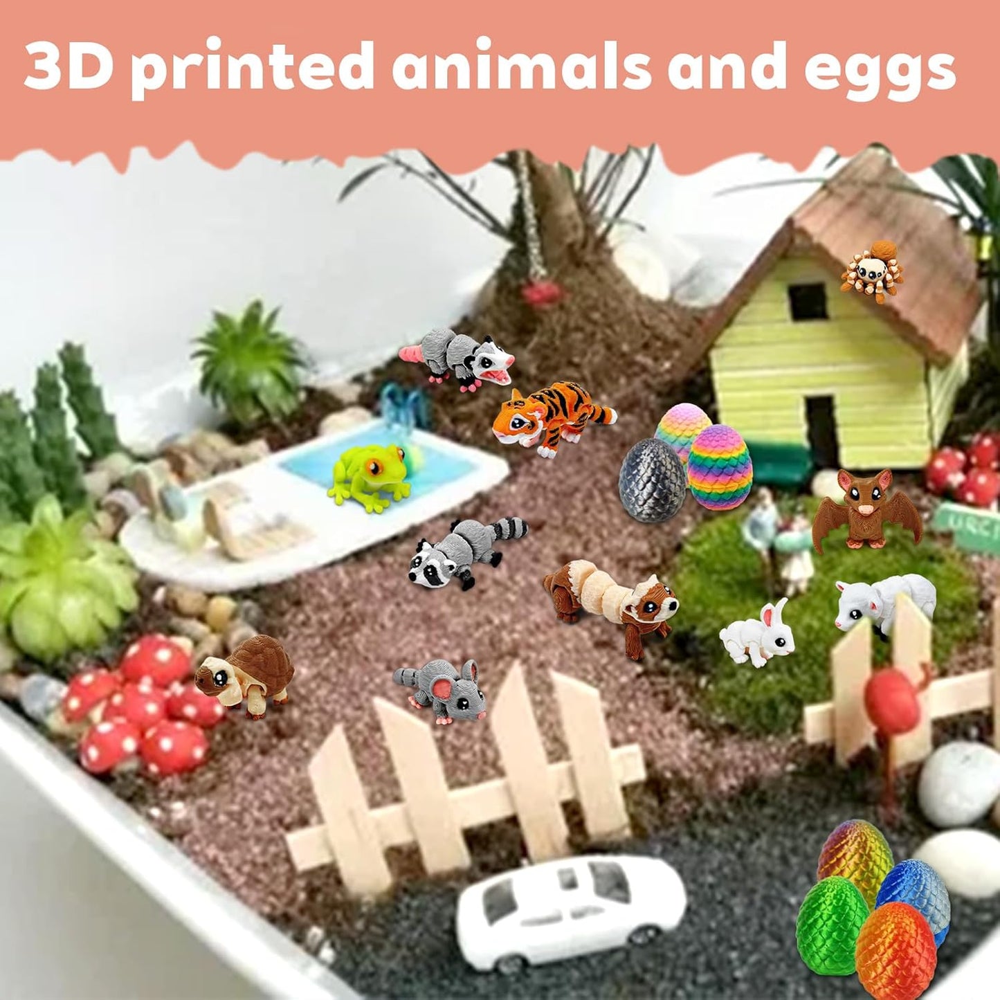 24 3D 1.5-2 Inch Pcs Mini Printed Animals in Sparkle Eggs - Articulated Animal Figurines with Multicolor Gradient