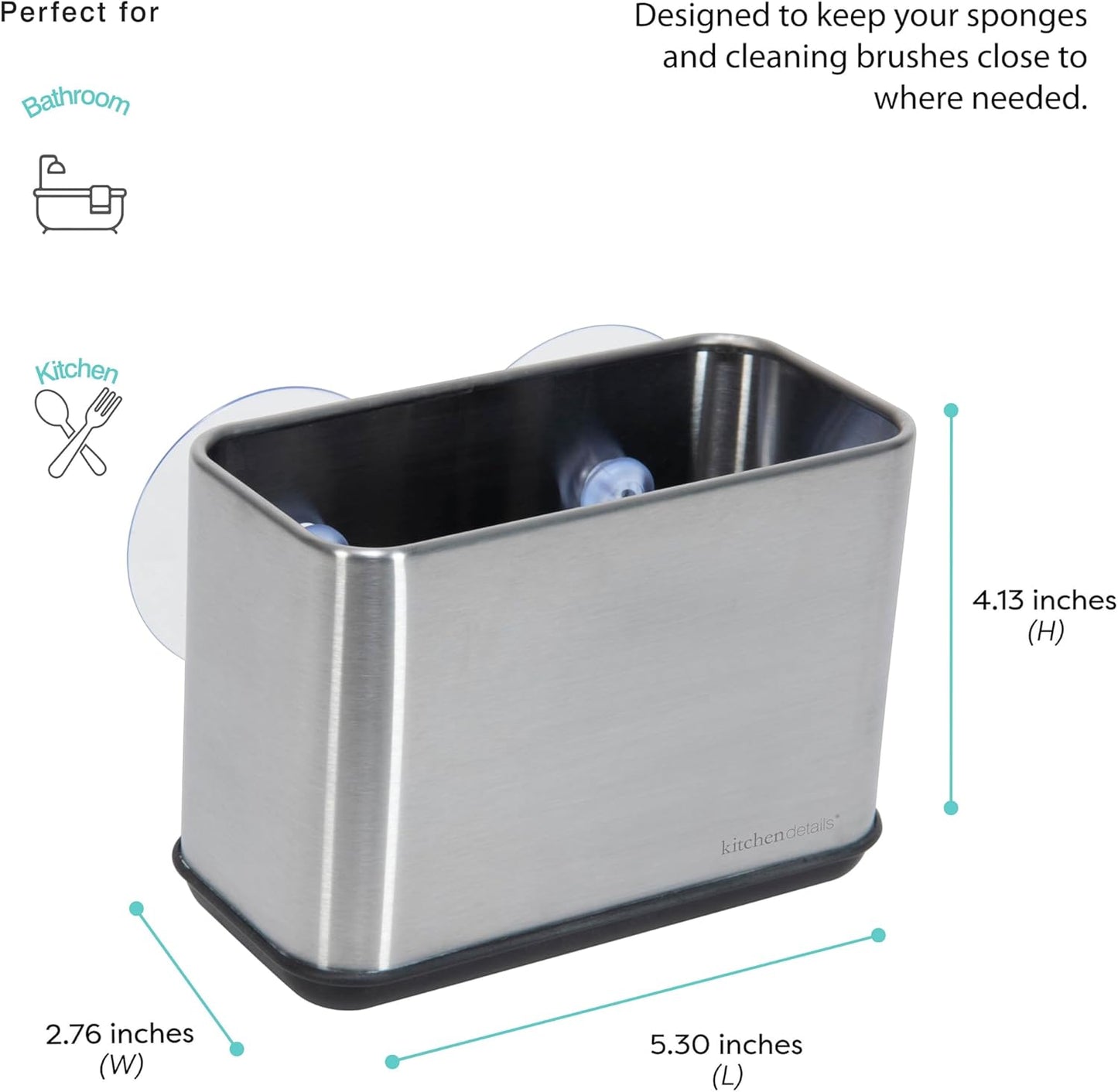Kitchen Details Cup Sponge Holder/Basket - Space-Saving Stainless Steel Suction Sink Caddy for Kitchen or Bathroom