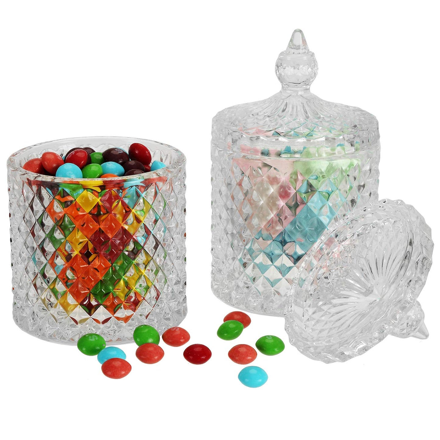 Hedume 4 Pack Crystal Diamond Faceted Jar with Crystal Lid, Glass Food Storage Organization Set Suitable as Candy Dish, Cookie Tin, Decorative Sugar Bowl (Diameter 3.3 Inch)