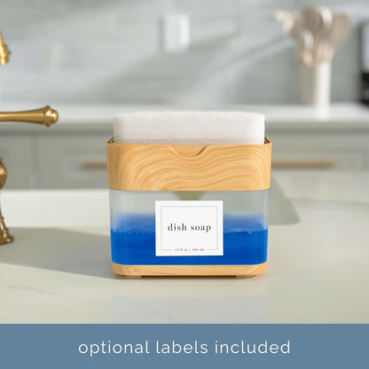 S&T INC. Dish Soap Dispenser - Waterproof Labels & Sponge Included | 13 Oz Plastic & Bamboo