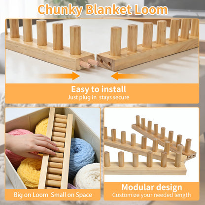 𝙉𝙚𝙬 60" Chunky Yarn Loom, Adjustable Looms for Chunky Blankets, Premium Wood with Tool-Free Assembly, Beginner Friendly Hand Knitting Kit for DIY Blankets and Thoughtful Gift Making