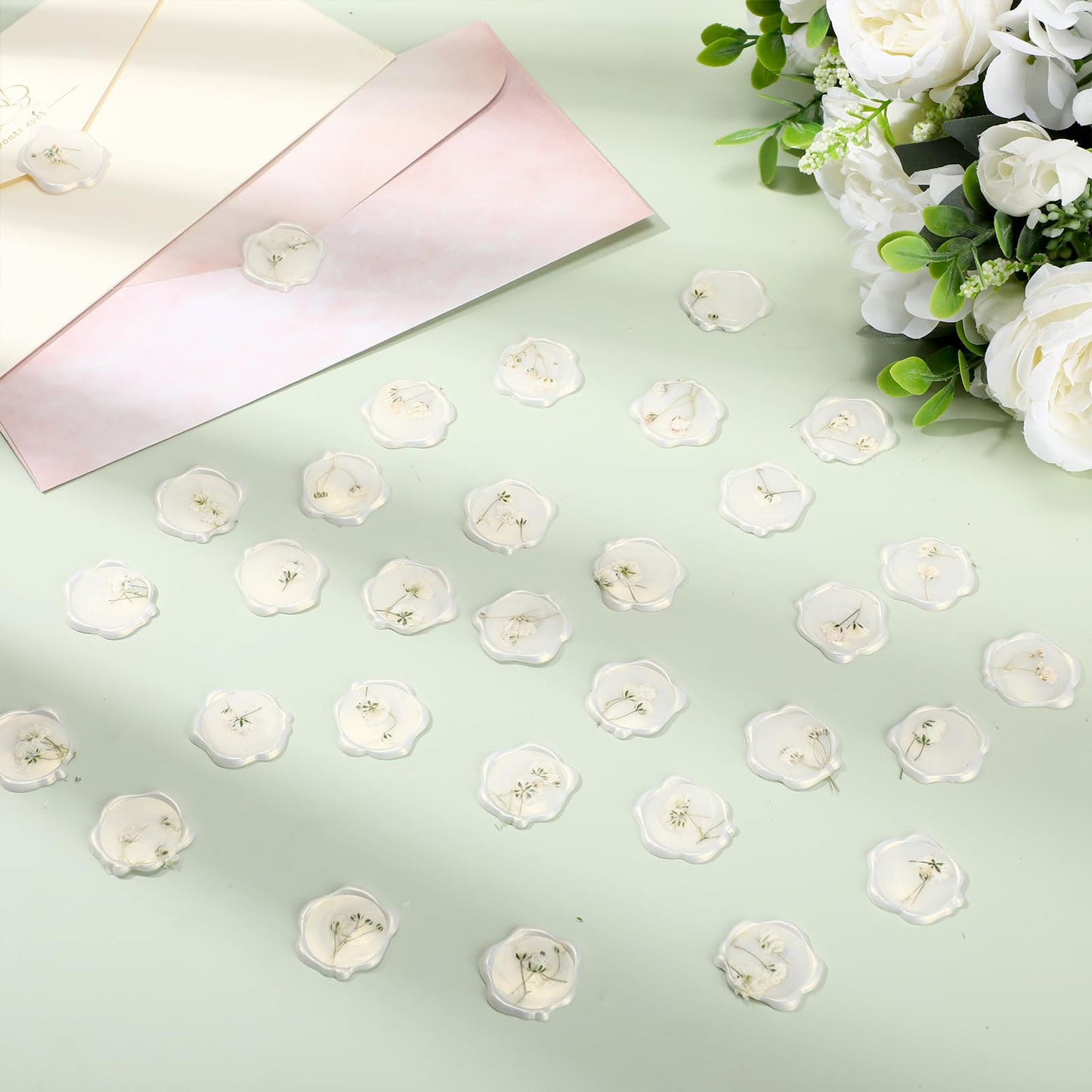Qilery 50 Pcs Wax Seal Stickers Babys Breath Dried Floral Envelopes Seals Stickers Bulk for Wedding Invitation Bridal Shower Birthday Party Letter Greeting Cards Gift Wrapping, Self Adhesive (White)