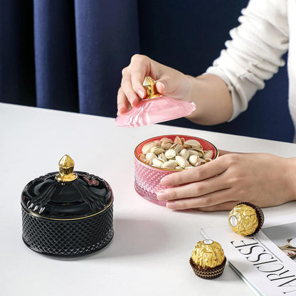 Glass Jewelry Jar, Diamond Faceted Candy Storage Bowl with Lid, Decorative Apothecary Canisters for Kitchen