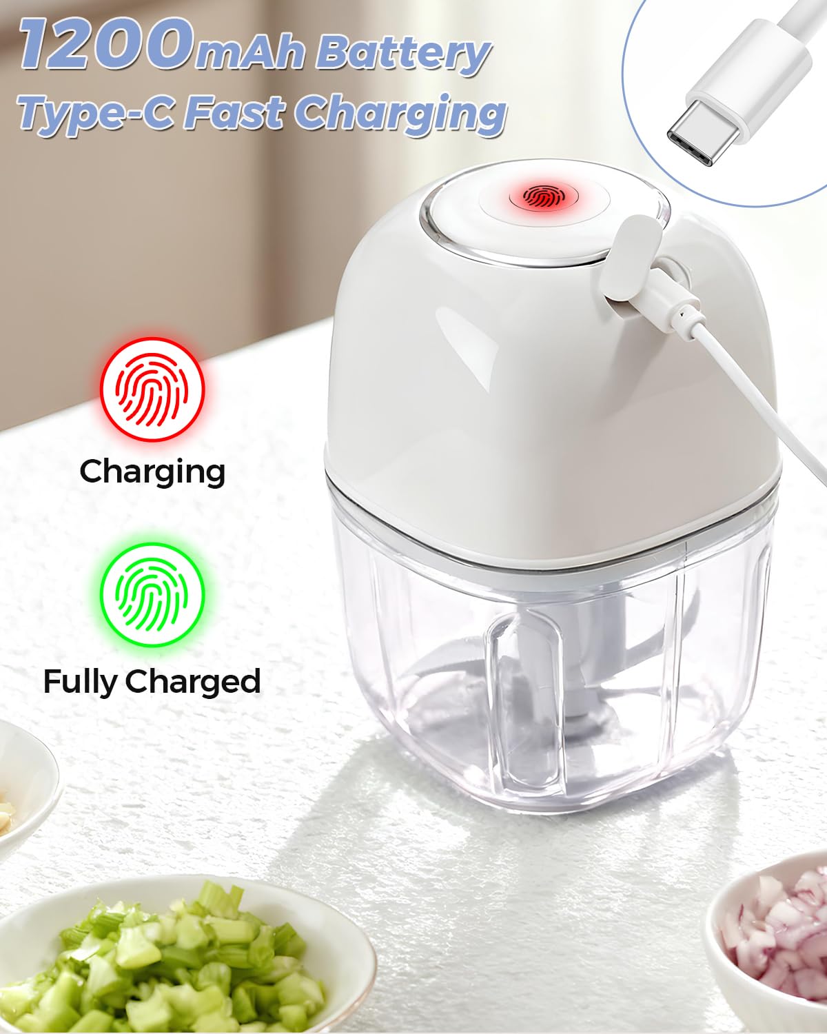 Joyzan Electric Garlic Chopper, 350ML Mini Portable Food Processor Veggie Grinder Small Onion Mincer Cordless Blender Masher USB Rechargeable Cutter 6 Blades Chili Fruit Vegetable Ginger Nuts Spices