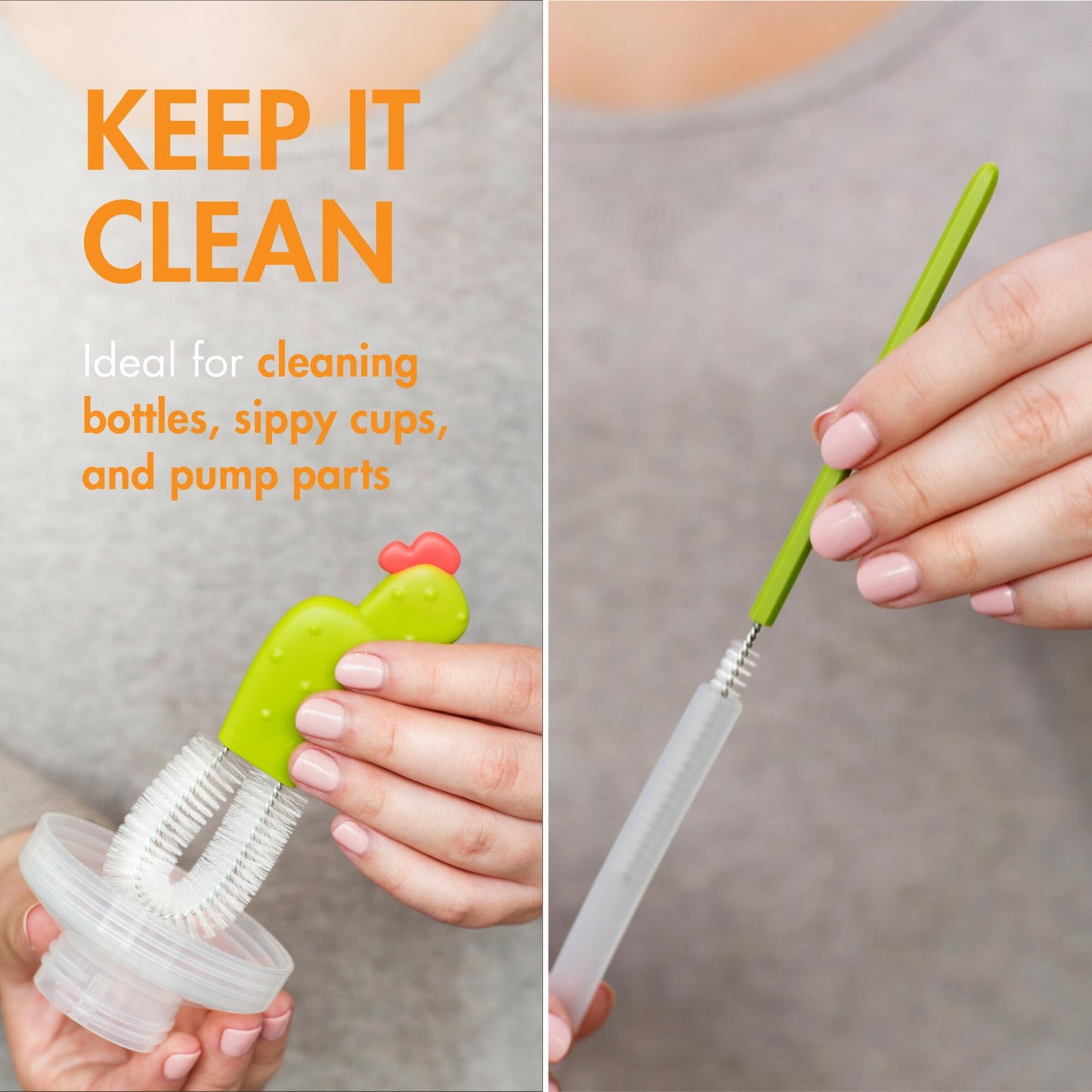 Boon Cacti Bottle Cleaning Brush Set - Includes Bottle Brush, Nipple Brush, Detail Brush, and Straw Brush - Baby Bottle Brush Set for Bottle Drying Rack - Baby Essentials - 4 Count
